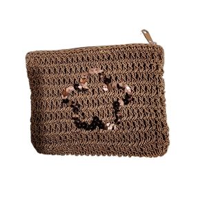 Brown crocheted/ knitted sequinsed lined pouch with zip